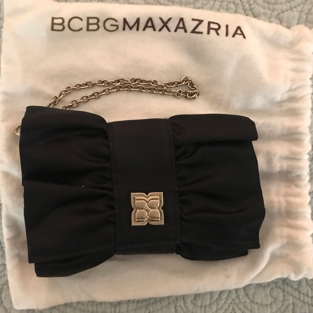 BCBG black satin clutch